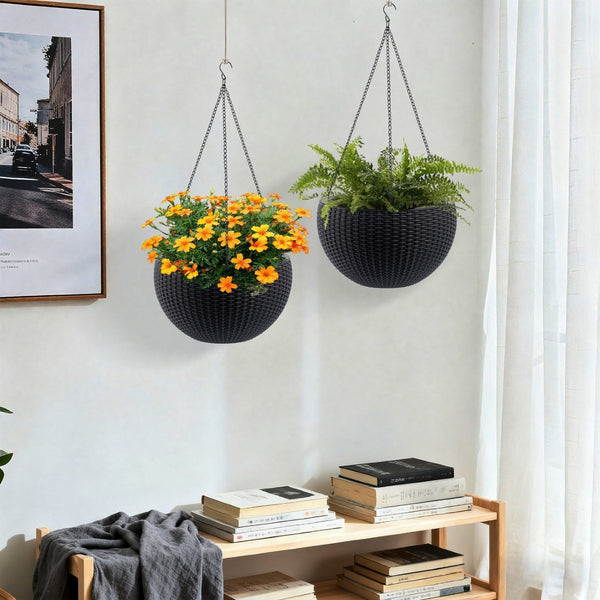 English Elm 13.4 Inch Rattan Texture Self Watering Hanging Planter with Reservoir for Balcony Black W3213P383075