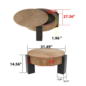 English Elm 33'' Round Coffee Table Parquet Veneer Flip Top Hidden Storage Wabi-sabi Living Room Matte Black,Natural Wood W1435P419318