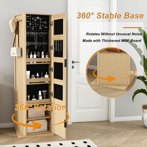 English Elm 360° Rotating Tower Cabinet with Full Length Mirror Open Shelving and Jewelry Storage Walnut W509P456173