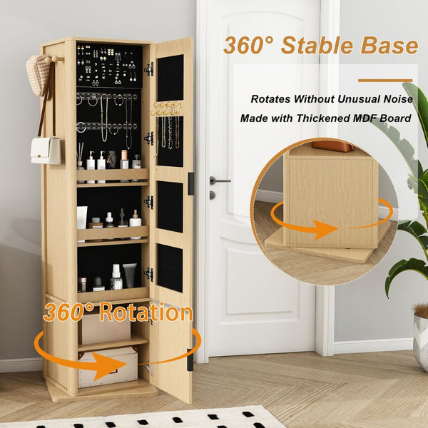 English Elm 360° Rotating Tower Cabinet with Full Length Mirror Open Shelving and Jewelry Storage Walnut W509P456173
