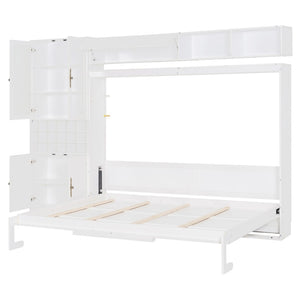 English Elm Queen Murphy Wall Bed Sofa with Open Shelving Usb Charging and Integrated Studio Lighting Gray,White LP100764AAK