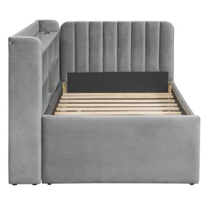 English Elm Twin Upholstered Daybed with Pull-Up Trundle, Velvet High Back with Shelves, Flip Storage & USB Gray SF000194AAE