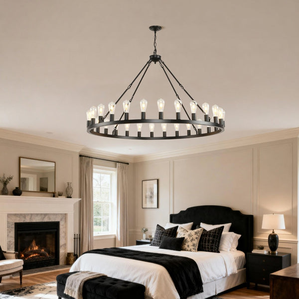 English Elm 39.4 Inch Wagon Wheel Chandelier 12-light Matte Black Farmhouse Pendant for Foyer Dining W5008P389282