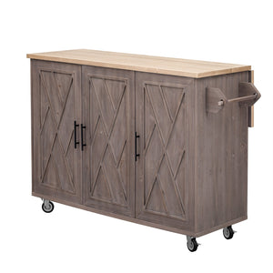 English Elm K&K Farmhouse Kitchen Island with Geometric Twill Doors, ASH Bark Top, Drop Leaf & Lockable Wheels Brown N707P221444Z