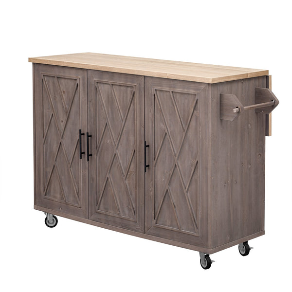 English Elm K&K Farmhouse Kitchen Island with Geometric Twill Doors, ASH Bark Top, Drop Leaf & Lockable Wheels Brown N707P221444Z