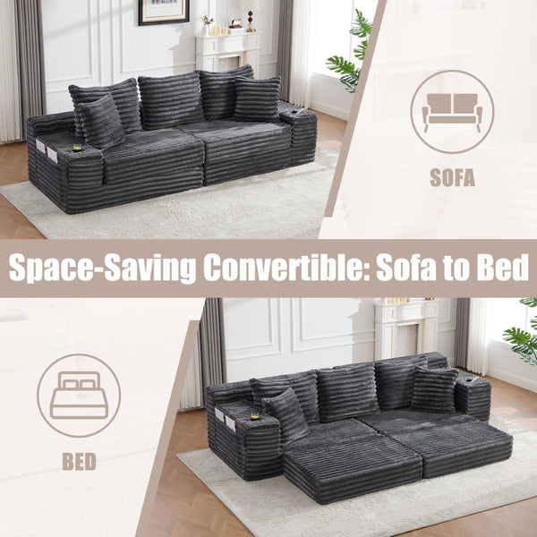 English Elm Oversized Corduroy Cloud Couch Convertible Sleeper Sofa with Memory Foam Seating Dark Gray W395S00117