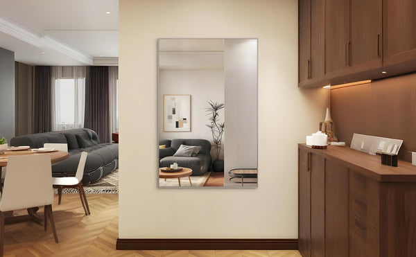 English Elm 60"x40" Oversized Modern Rectangle Mirror Silver Frame with Removable Tray, Aluminum HD Glass for Bath W708P297600