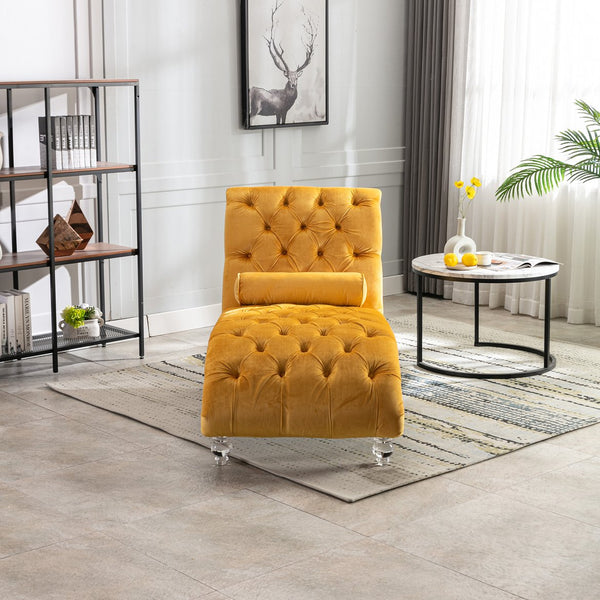 English Elm Velvet Curved Chaise Lounge Sofa with Button-Tufted Back, Thick Foam Cushion & Acrylic Legs for Living Room Comfort Mustard W39538680