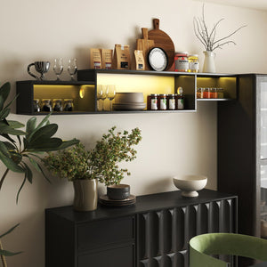 English Elm 65.35in Wall Mounted Floating TV Stand with 20 Color LEDs, Charging Station & Spacious Cable Management for Modern Entertainment Black W331P242458