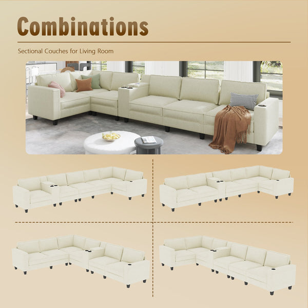 English Elm L-Shaped 6-Seater Corduroy Sofa With Storage, Usb Charging & Flexible Configuration For Comfort W680S00055