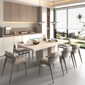 English Elm Rectangular extendable dining table with veined travertine top, beige MDF, sturdy wide feet, 6-10 seats W1347S00018