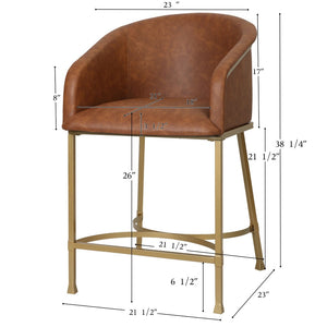 English Elm 26" Glam Counter Stool White Faux Leather Barrel Back Gold Steel Frame Kitchen Brown Pu B2751P436478