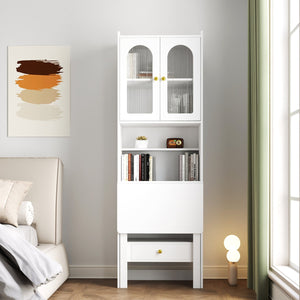 English Elm Fold-Out Convertible Writing Table Space-Saving Desk Cabinet with Shelf and Hidden Drawer for Home Office White W331P256909