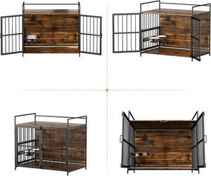 English Elm Dog Crate Furniture Piece with Steel Frame Side Table for Large Breeds Indoor Use T3210P294077