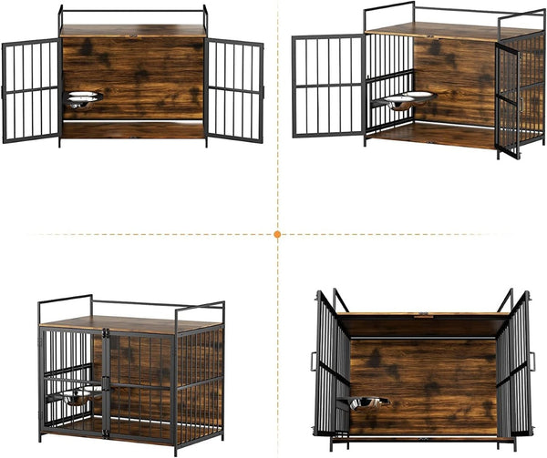 English Elm Dog Crate Furniture Piece with Steel Frame Side Table for Large Breeds Indoor Use T3210P294077