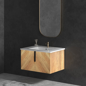 English Elm 30 Inch Floating Bathroom Vanity Fluted Wood Grain Front with Ceramic Integrated Sink W3520S00047