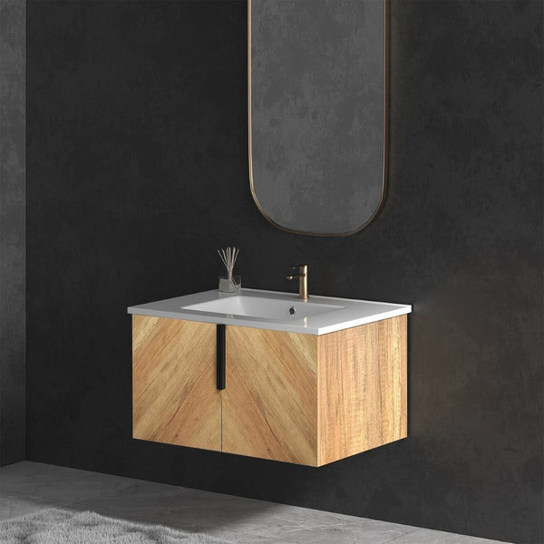 English Elm 30 Inch Floating Bathroom Vanity Fluted Wood Grain Front with Ceramic Integrated Sink W3520S00047