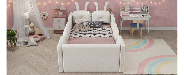 English Elm Twin Kids Platform Bed Teddy Fabric Upholstered with Bunny Cushions and Safety Rails White W2593P395806