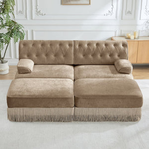English Elm With Tufted Velvet Sectional Sofa Two Ottomans Tassel Skirt French Chesterfield Living Room Camel W714S01744
