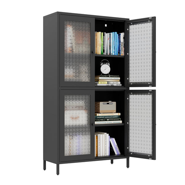 English Elm Classic Metal Storage Cabinet With 4 Glass Doors - Stylish Freestanding Bookcase For Any Room W2378P176269
