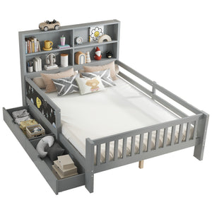 English Elm Full Solid Wood Platform Bed with Chalkboard Headboard, Storage Drawers & Shelves, Kid-Friendly White Gray W1580P362710