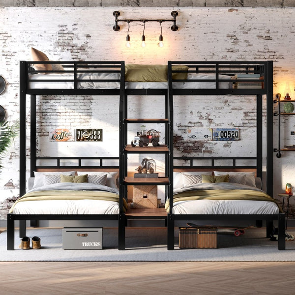 English Elm Twin Triple Bunk Bed Black Metal Frame with Built-in Storage Stairs and Shelves W1580S00619