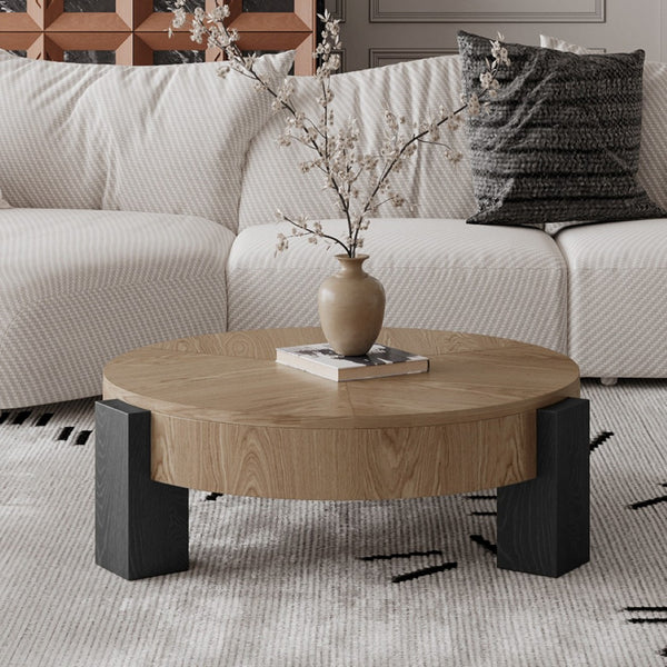 English Elm 33'' Round Coffee Table Parquet Veneer Flip Top Hidden Storage Wabi-sabi Living Room Matte Black,Natural Wood W1435P419318