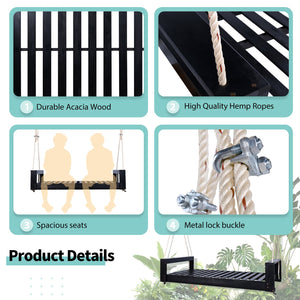 English Elm TOPMAX Twin Size Porch Swing Bed Crafted from Durable Acacia Wood with 400lb Capacity and Hemp Ropes Black N717P210135B