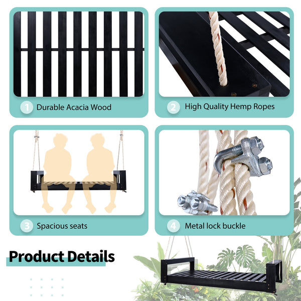 English Elm TOPMAX Twin Size Porch Swing Bed Crafted from Durable Acacia Wood with 400lb Capacity and Hemp Ropes Black N717P210135B