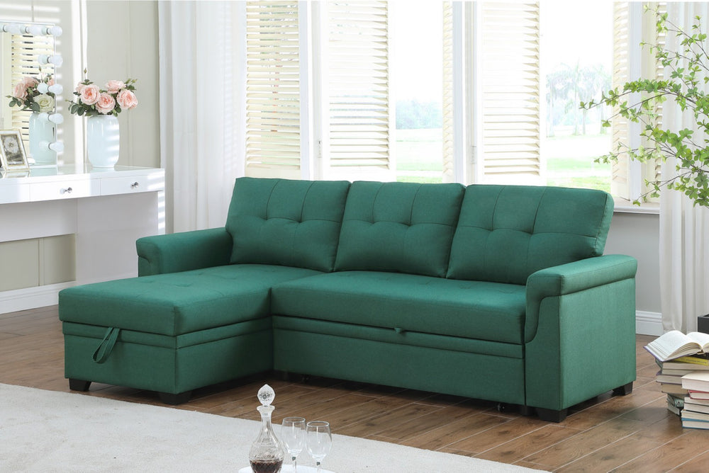 English Elm Jardin Reversible L-shaped Sectional Sleeper Sofa with Chaise Storage and Tufted Fabric Green B2749S00008