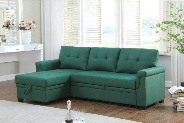 English Elm Jardin Reversible L-shaped Sectional Sleeper Sofa with Chaise Storage and Tufted Fabric Green B2749S00008