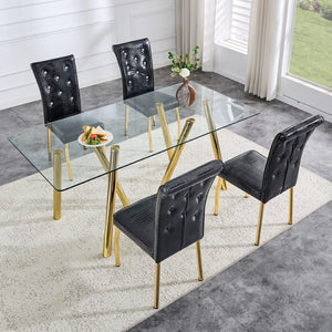 English Elm 71-inch Tempered Glass Dining Table Electroplated Metal Base Open Airy Modern Style Gold W3875S00006