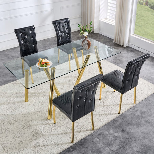 English Elm 71-inch Tempered Glass Dining Table Electroplated Metal Base Open Airy Modern Style Gold W3875S00006