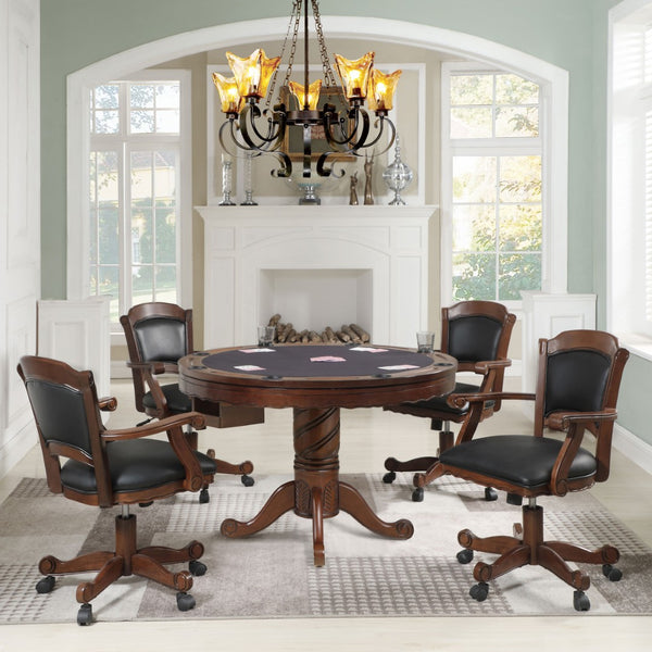 English Elm Chilmark Five Piece Game Set with Carved Pedestal Base and Leatherette Caster Chairs B062S00895