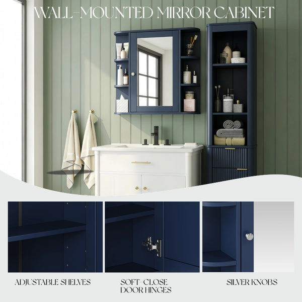English Elm Bathroom Wall Cabinet with Mirror Door Open Shelving and Adjustable Interior Storage Blue N817P375228B