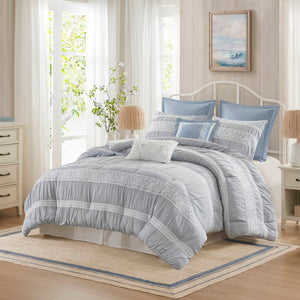 English Elm 7-piece King Jacquard Comforter Set Lace Detail Chambray Cottage Bedroom Ensemble Blue B035P482887