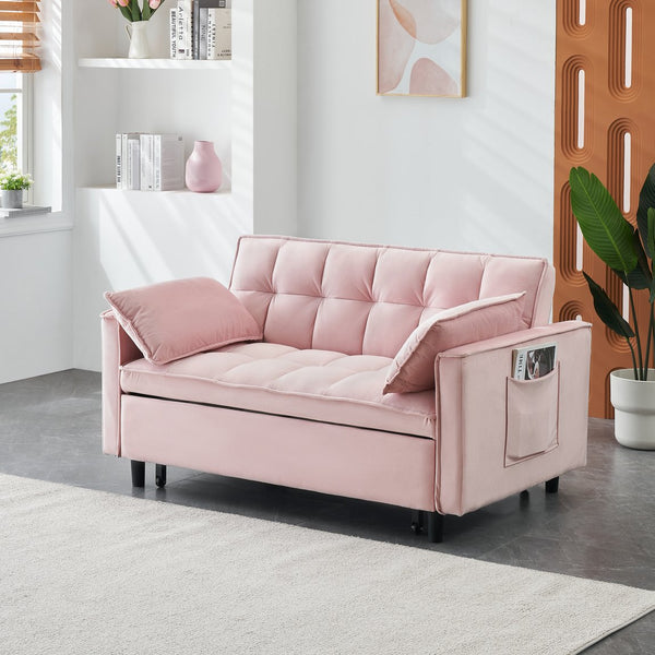 English Elm Modern Velvet Sofa Pull-Out Bed 3-in-1 Convertible Love Seat with Pillows, Spacious 500lb Support Pink W3371P314997