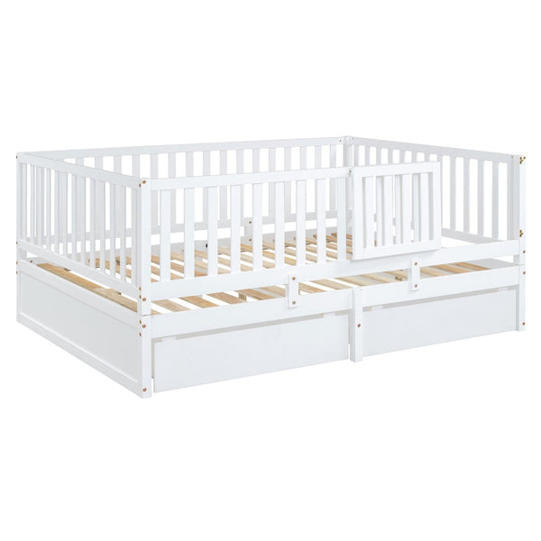 English Elm Full Size Pinewood Kids Daybed with Fence Rails Split Floor Bed and Storage Drawers White LP100882AAK