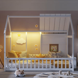 English Elm Twin House Frame Floor Bed Pinewood Build with Led Roofline Kids Bedroom White W697P435880