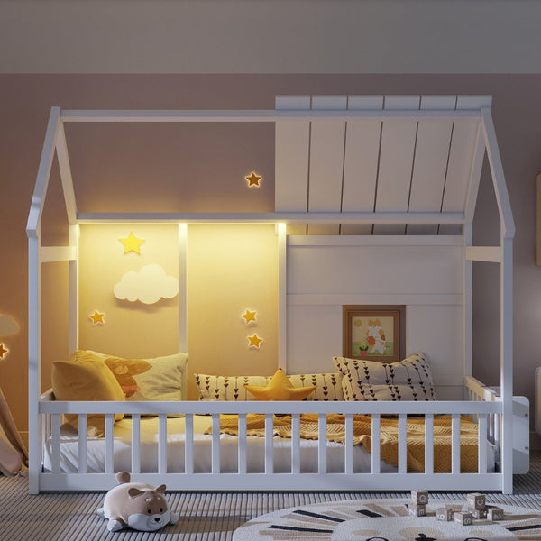 English Elm Twin House Frame Floor Bed Pinewood Build with Led Roofline Kids Bedroom White W697P435880