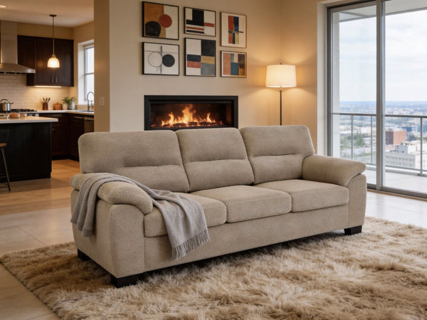 English Elm 3-seater Track Arm Sofa Tufted Textured Fabric Couch for Modern Living Rooms Camel W5568S00011