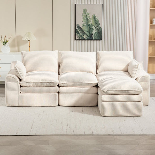 English Elm L Shaped Corduroy Modular Sectional with Cloud Cushions Footstool and Lumbar Pillows Beige W395S00141