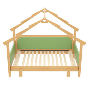 English Elm Twin Pine Treehouse Floor Bed with Padded Rails and Cabin Roofline for Kids Green W1580S00384