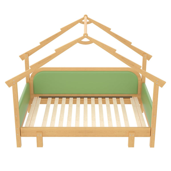 English Elm Twin Pine Treehouse Floor Bed with Padded Rails and Cabin Roofline for Kids Green W1580S00384