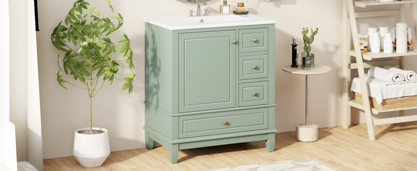 English Elm Christopher Knight Home® - 30" Freestanding Bathroom Vanity with Ceramic Sink, Soft-Close Door, Gold Knobs & 3 Drawers, Durable Painted Finish Light Green N759P225994G