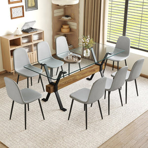 English Elm Table 9-Piece Modern Dining Set With Glass Top, X-Shaped Metal Legs & Comfortable Gray Chairs W1151S03605-GIGA