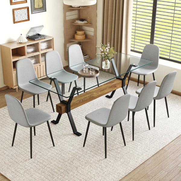 English Elm Table 9-Piece Modern Dining Set With Glass Top, X-Shaped Metal Legs & Comfortable Gray Chairs W1151S03605-GIGA