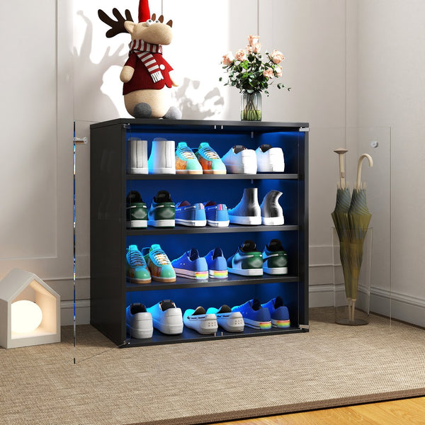 English Elm Shoe Display Case with RGB LED Remote, Tempered Glass Stackable Organizer for Sneakers Showcase Black W331P242617