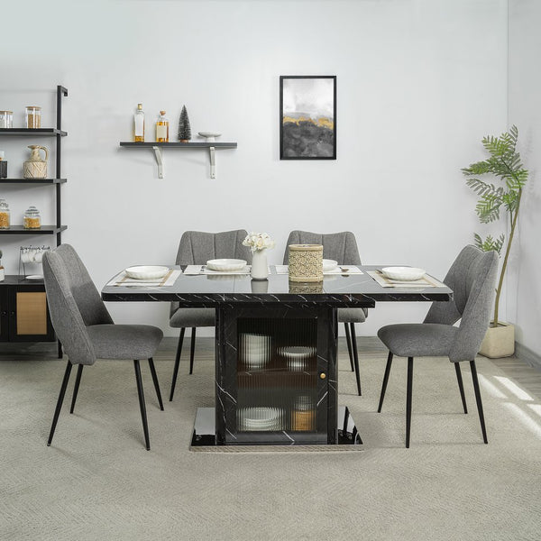 English Elm 47.24"-63"Modern Rectangle Dining Table with Extendable Top, Printed Marble Look, Sturdy Steel Base & Storage Black W757P331963