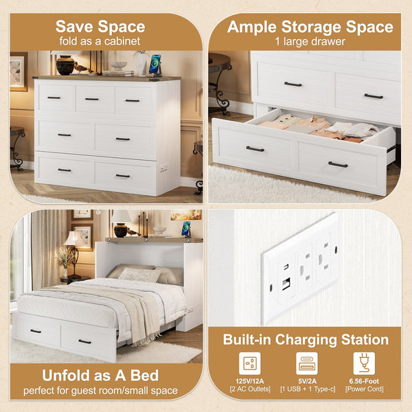 English Elm Murphy Full-Size Cabinet Bed with Built-In Charging Station, Storage Drawer & 700lb Capacity Comfort White 52.5 L x 26 W x 5.5 H N733S293995W